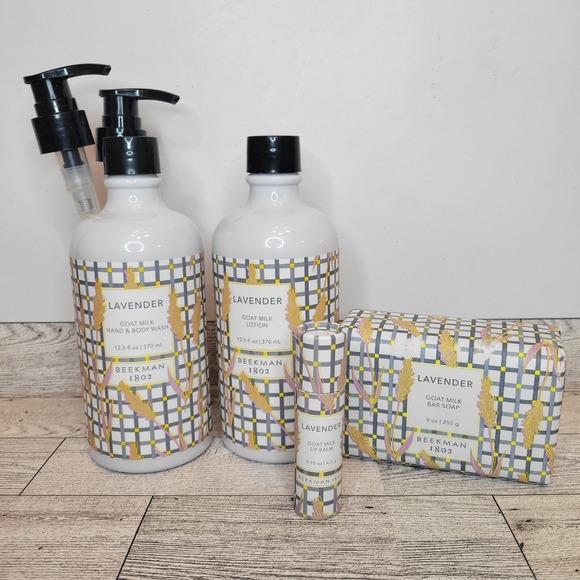 4pc Beekman Goat Milk 1802 Lavender 12.5oz Hand & Body Wash Lotion Soap Lip Balm